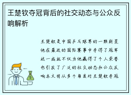 王楚钦夺冠背后的社交动态与公众反响解析