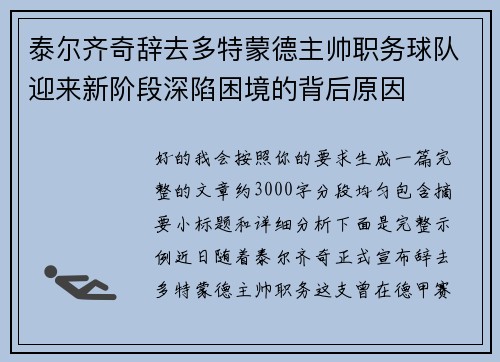 泰尔齐奇辞去多特蒙德主帅职务球队迎来新阶段深陷困境的背后原因